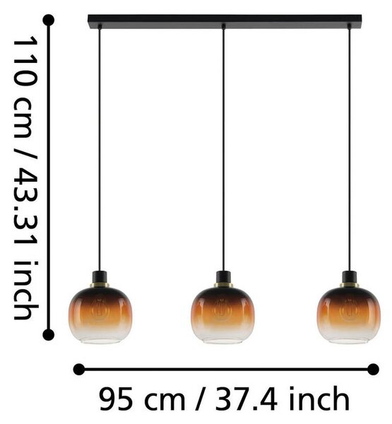 EGLO Oilella függőlámpa, fekete-barna, 95 cm hosszú, üveg, 3-lámpás., dimmelhető, Fekete, Nappali / Étkező, Üveg