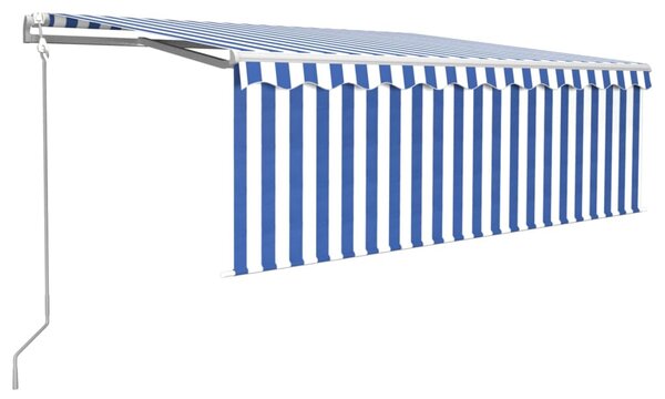 Kék és fehér redőnyös, szélérzékelős, LED-es napellenző 4x3 m