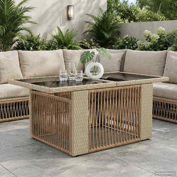 Kerti Asztal Bézs 100 x 55 x 37 cm PE Rattan és Üveg
