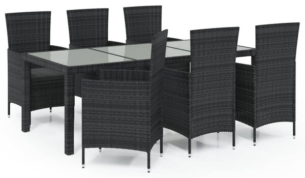 7 részes fekete polyrattan kültéri étkezőszett párnákkal