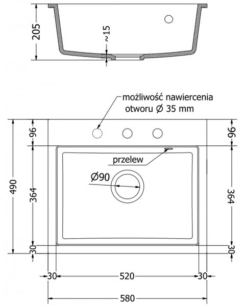 Mexen Oscar 1-medencés gránit mosogató 580 x 490 mm, szürke, krómozott szifonnal - 6519581000-71