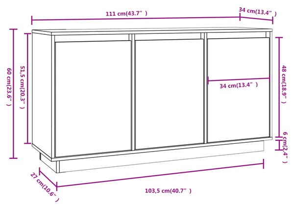 Fehér tömör fenyőfa tálalószekrény 111x34x60 cm