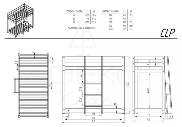 Emeletes fenyőfa gyerekágy 70x160 cm CLP - Adeko