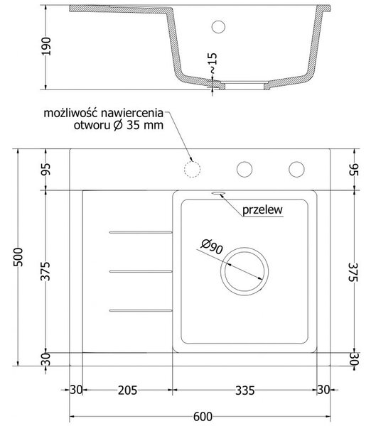 Mexen Ben 1 medencés gránit mosogató csepptálcával, jobb oldali 600 x 500 mm, fekete, krómozott szifon - 6523605000-77