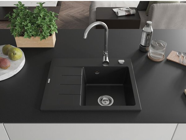 Mexen Ben 1 medencés gránit mosogató csepptálcával, jobb oldali 600 x 500 mm, fekete, krómozott szifon - 6523605000-77
