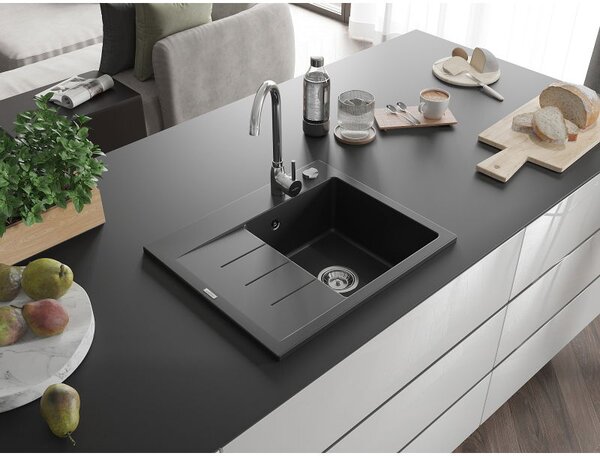 Mexen Ben 1 medencés gránit mosogató csepptálcával, jobb oldali 600 x 500 mm, fekete, krómozott szifon - 6523605000-77
