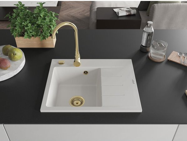 Mexen Ben gránit mosogató 1-medencés csepegtetővel, balos 600 x 500 mm, fehér, arany szifon - 6522605000-20-G