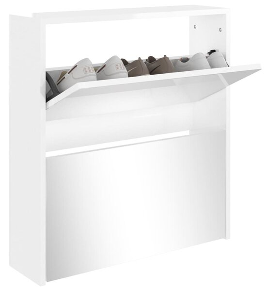 Magasfényű fehér 2 szintes cipőszekrény tükörrel 63 x 17 x 67cm