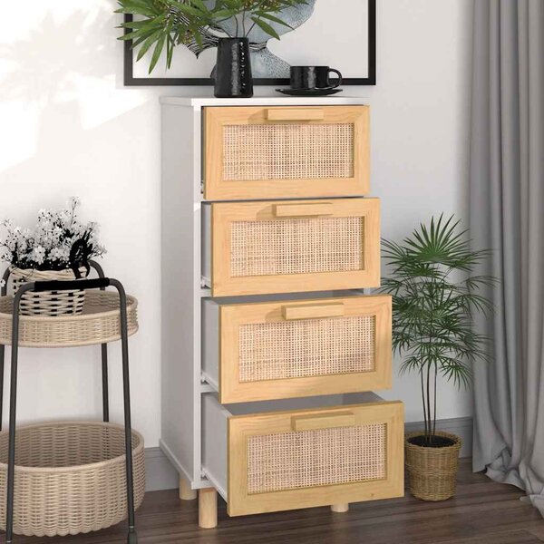 Fehér tömör fenyő/természetes rattan tálalószekrény 40x30x90 cm