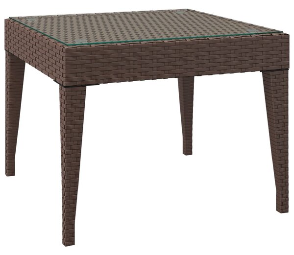 Barna polyrattan és edzett üveg kisasztal 50 x 50 x 38 cm