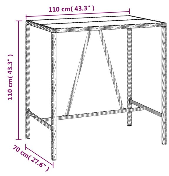 Szürke polyrattan üveglapos bárasztal 110 x 70 x 110 cm