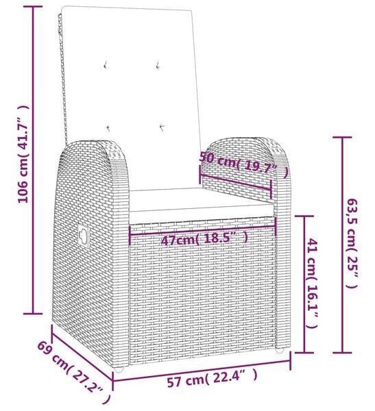 2 db szürke dönthető háttámlás polyrattan kerti szék párnával