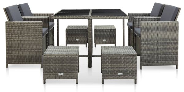 9-részes szürke kültéri polyrattan étkezőszett párnákkal