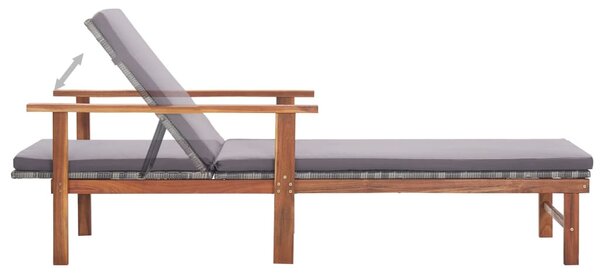 Szürke polyrattan és tömör akácfa napozóágy párnával