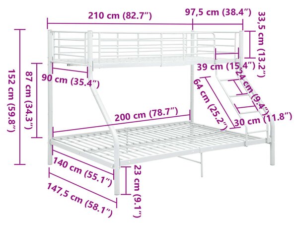 Fehér fém emeleteságy-keret 140 x 200 cm/90 x 200 cm
