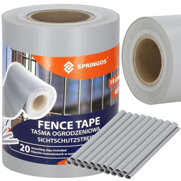 Springos kerítésszalag, 19cmx35m, 450g/m2, 20 db rögzítőkapocs - Világosszürke