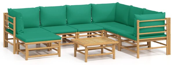 8 részes bambusz kerti ülőgarnitúra zöld párnákkal
