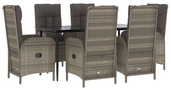 7 részes fekete és szürke polyrattan kerti étkezőszett párnával