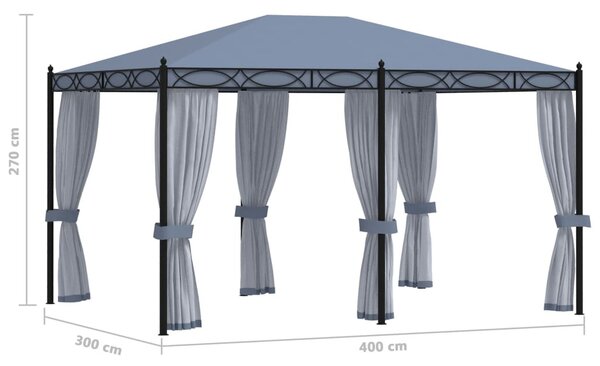 Antracitszürke acélpavilon szúnyoghálóval 3 x 4 m
