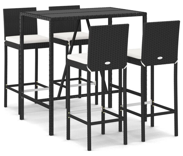 5 részes fekete polyrattan kerti bárszett párnával
