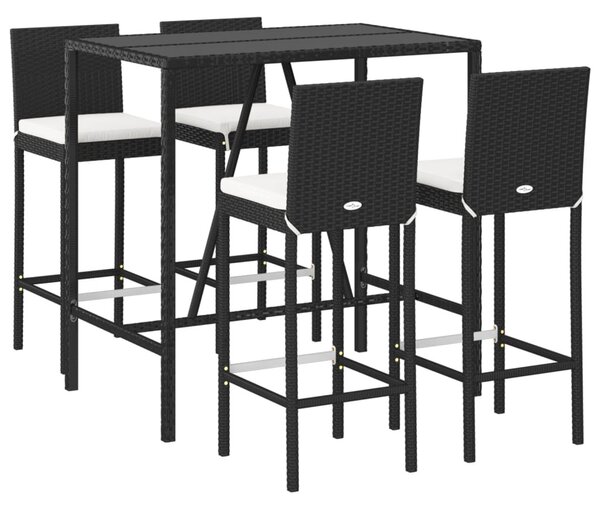 5 részes fekete polyrattan kerti bárszett párnával