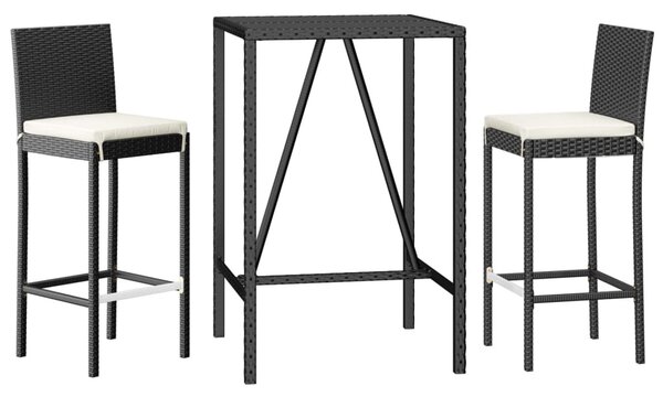 3 részes fekete polyrattan kerti bárszett párnával