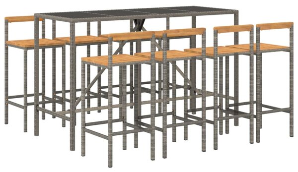 9 részes szürke polyrattan és tömör akácfa kerti bárszett