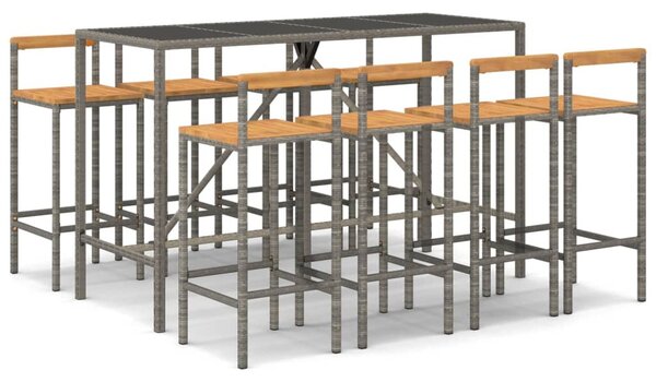 9 részes szürke polyrattan és tömör akácfa kerti bárszett