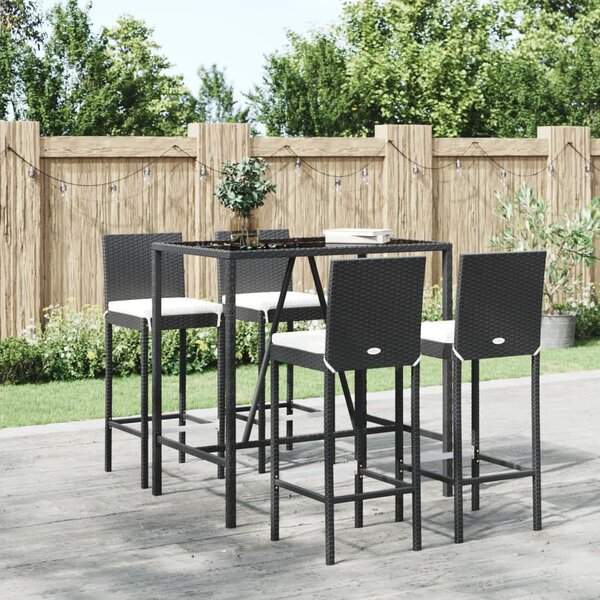 5 részes fekete polyrattan kerti bárszett párnával