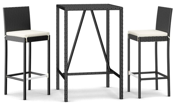 3 részes fekete polyrattan kerti bárszett párnával