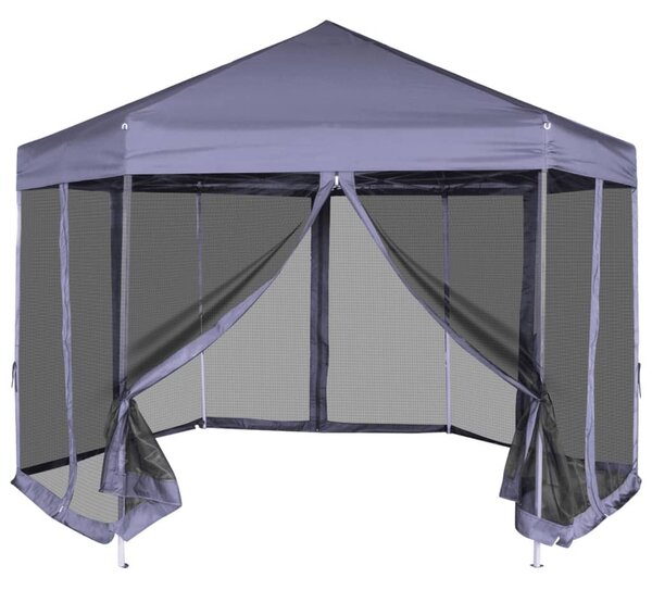 Sötétkék hatszögletű felugró pavilon 6 oldalfallal 3,6 x 3,1 m