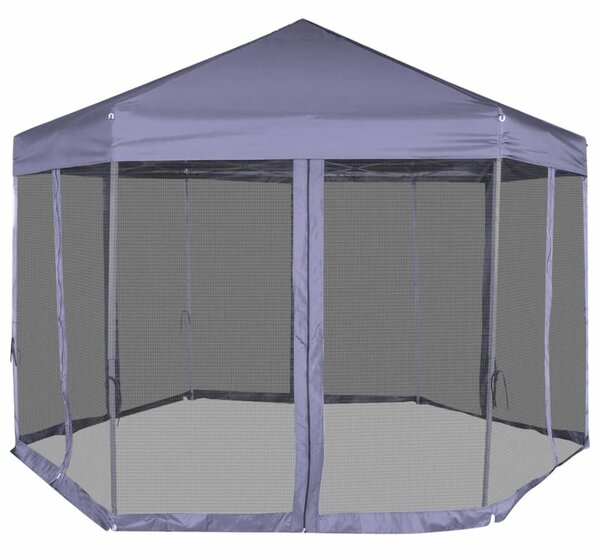 Sötétkék hatszögletű felugró pavilon 6 oldalfallal 3,6 x 3,1 m