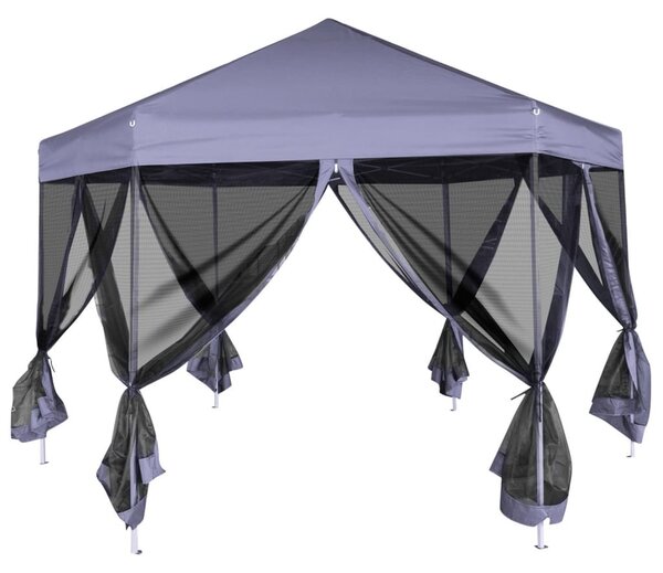 Sötétkék hatszögletű felugró pavilon 6 oldalfallal 3,6 x 3,1 m