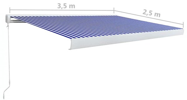 Kék és fehér manuális, kazettás napellenző 350 x 250 cm