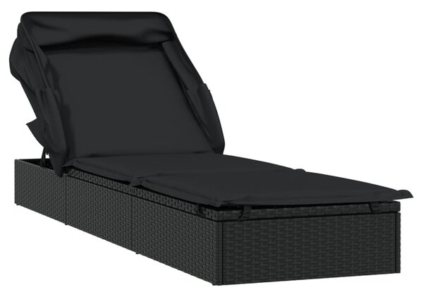 Fekete polyrattan napozóágy összecsukható tetővel 213x63x97 cm