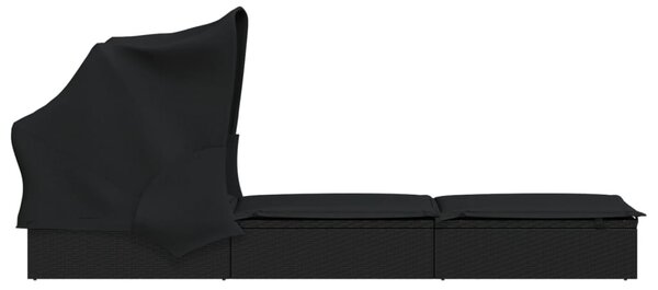 Fekete polyrattan napozóágy összecsukható tetővel 213x63x97 cm