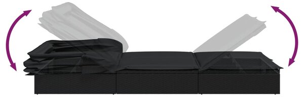 Fekete polyrattan napozóágy összecsukható tetővel 213x63x97 cm