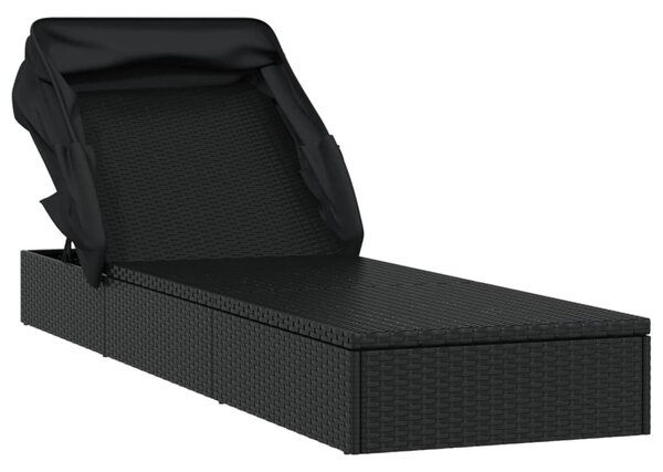 Fekete polyrattan napozóágy összecsukható tetővel 213x63x97 cm
