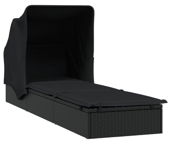 Fekete polyrattan napozóágy összecsukható tetővel 213x63x97 cm
