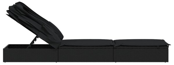 Fekete polyrattan napozóágy összecsukható tetővel 213x63x97 cm