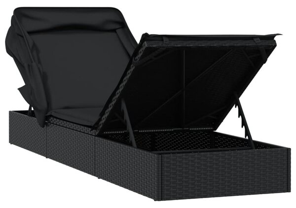 Fekete polyrattan napozóágy összecsukható tetővel 213x63x97 cm