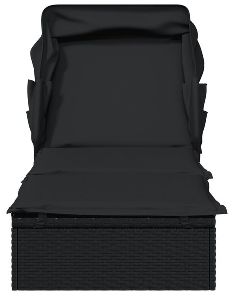 Fekete polyrattan napozóágy összecsukható tetővel 213x63x97 cm