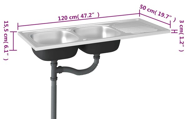 Ezüst rozsdamentes acél dupla konyhamosogató 1200x500x155 mm