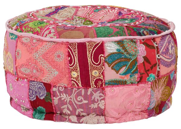Kézzel készült kerek rózsaszín pamut patchwork puff 40 x 20 cm