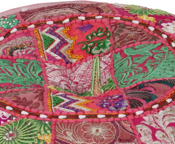 Kézzel készült kerek rózsaszín pamut patchwork puff 40 x 20 cm
