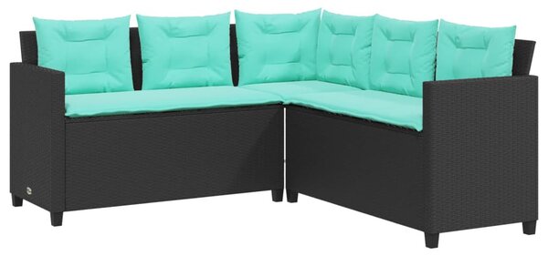 L-alakú fekete polyrattan kerti kanapé asztallal és párnákkal