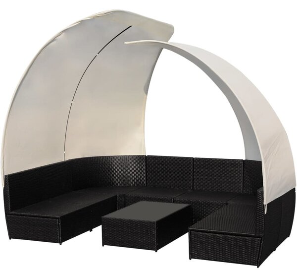 VidaXL 9-részes fekete polyrattan kerti bútorgarnitúra napellenzőkkel