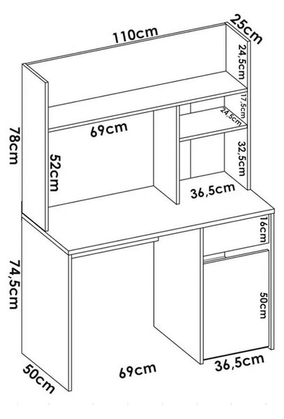 Polcos íróasztal fiókokkal tárolóval 110x50x74,5cm fehér FUR1230-1