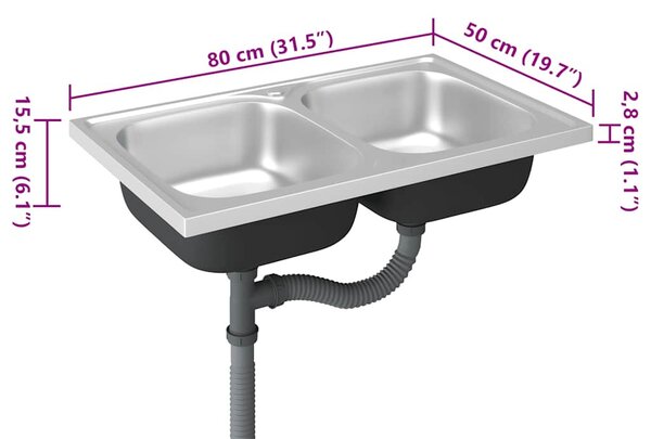Ezüst rozsdamentes acél dupla konyhamosogató 800 x 500 x 155 mm