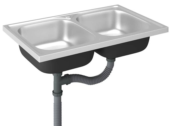 Ezüst rozsdamentes acél dupla konyhamosogató 800 x 500 x 155 mm